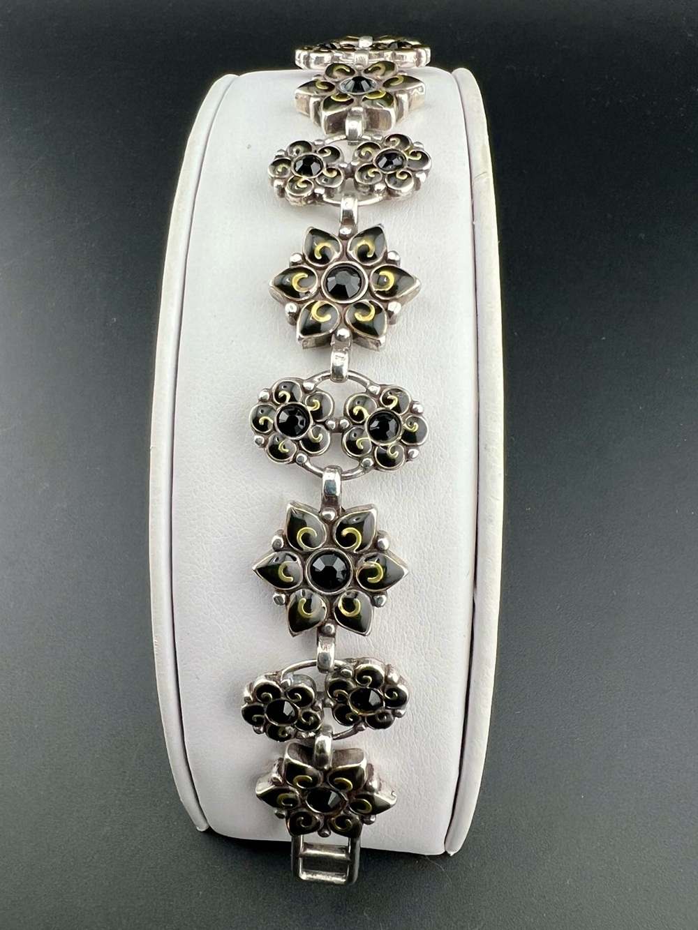 Brighton Vintage Floral Bracelet Silver Plate Black Enamel Gold Accents
